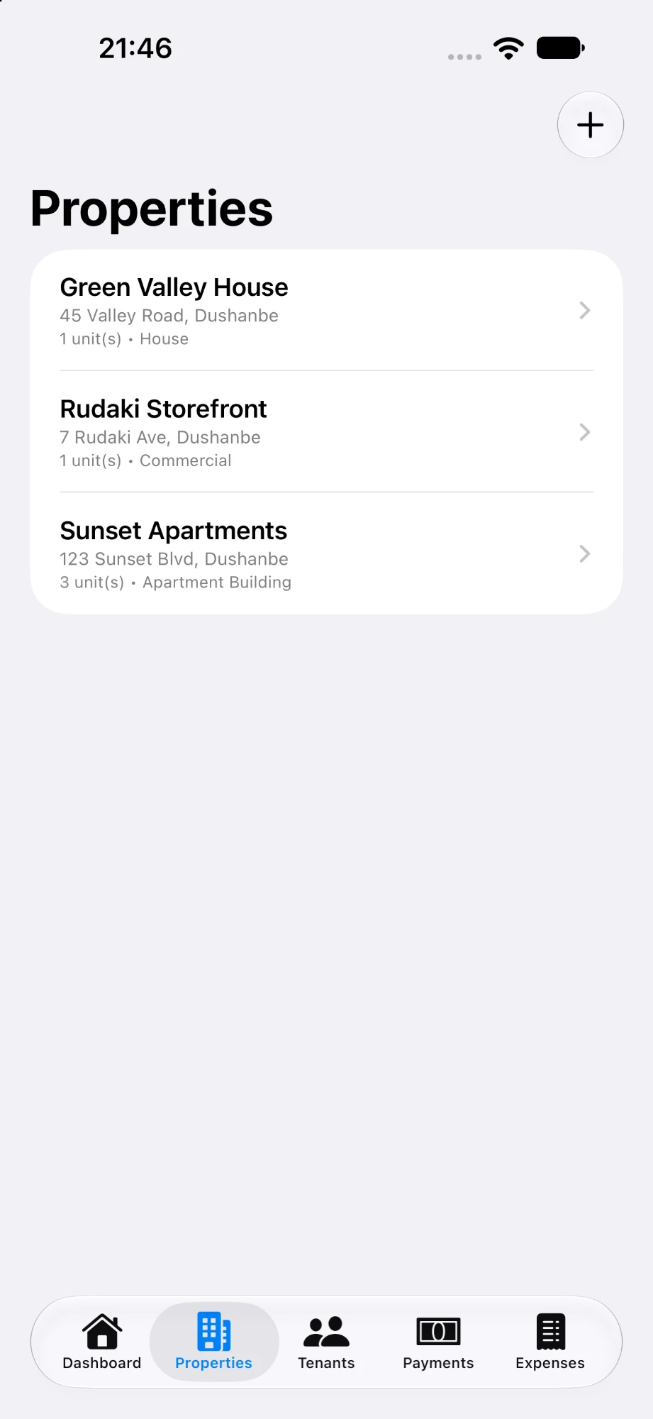 Rentey properties list with a house, a storefront, and an apartment building