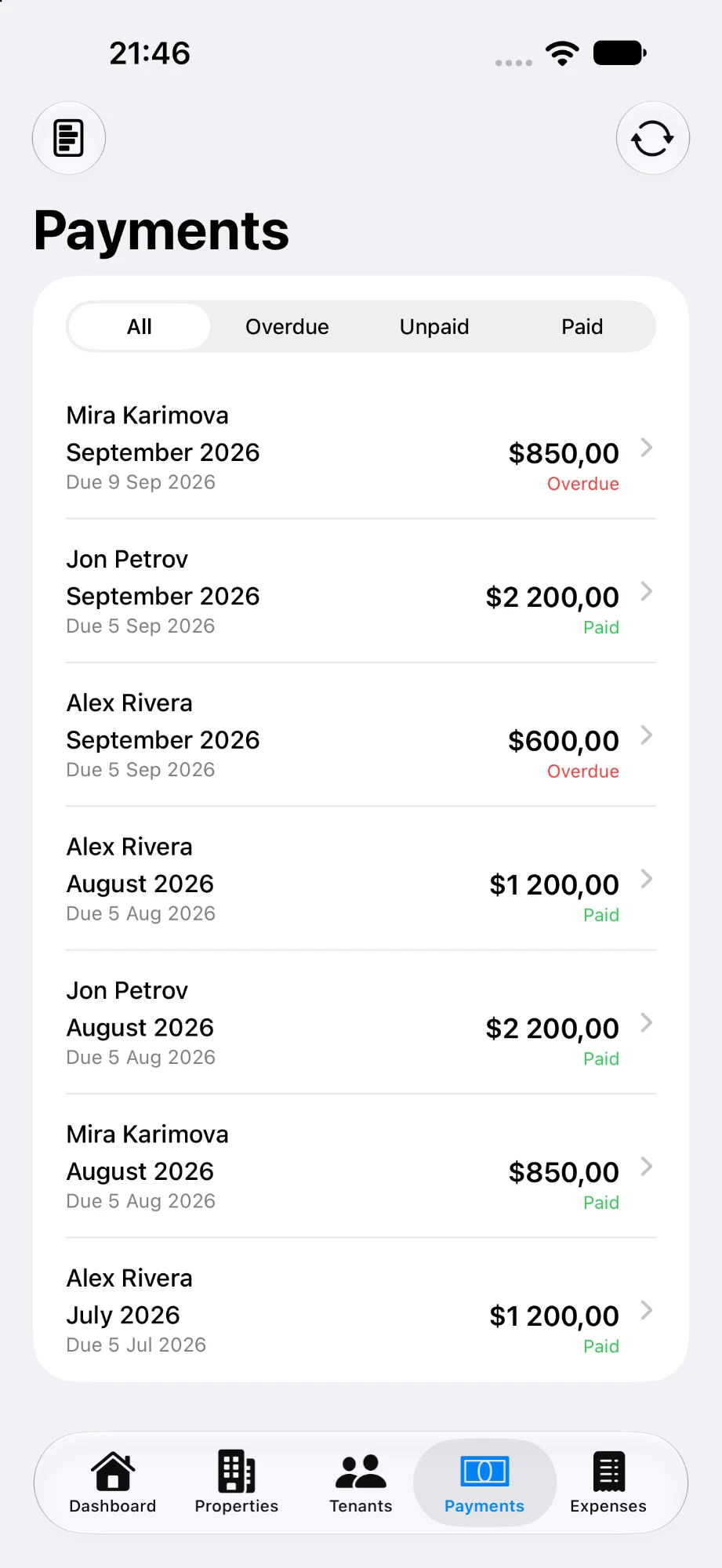 Rentey payments list with All, Overdue, Unpaid, and Paid filters